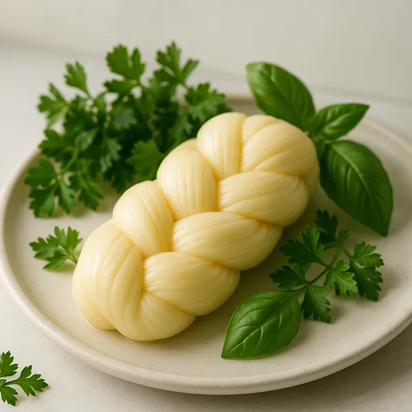 Discover a puzzle with a close-up of a glossy braided cheese resting on a simple cream plate, surrounded by bright green basil and parsley leaves.