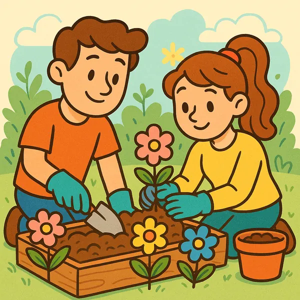 Discover a puzzle with a cheerful cartoon scene of two friends planting flowers in a raised bed, rendered in warm pastel tones of orange, yellow, blue, and soft