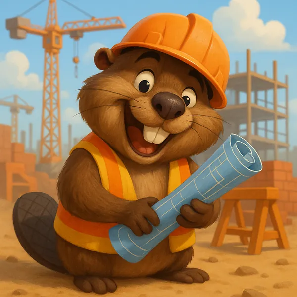 Discover a puzzle with a cheerful cartoon beaver in a bright orange hard hat and safety vest, holding rolled-up blueprints against a sunny construction-site bac
