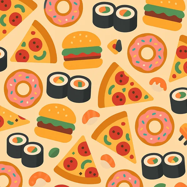 Enjoy an online jigsaw puzzle designed for browser play, featuring a cheerful food-themed pattern filled with pizza, burgers, sushi, and donuts.