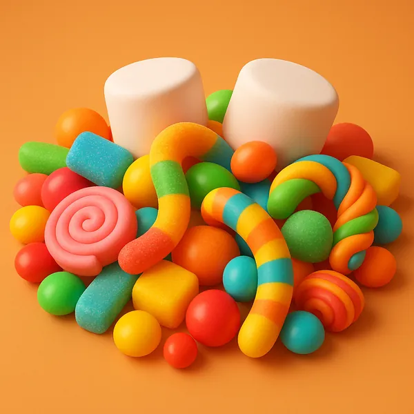 Enjoy an online jigsaw puzzle designed for browser play, featuring a cheerful pile of colorful candy and sweets.