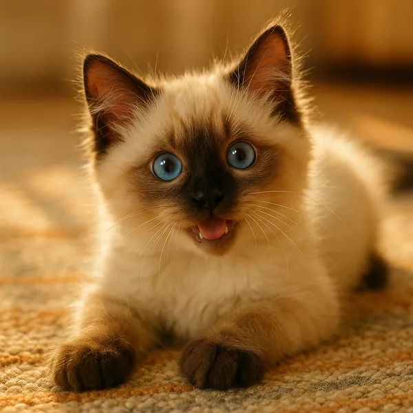Discover a puzzle with an adorable blue‑eyed kitten front and center, its cream and chocolate‑brown fur glowing in warm golden light as it lounges on a textured