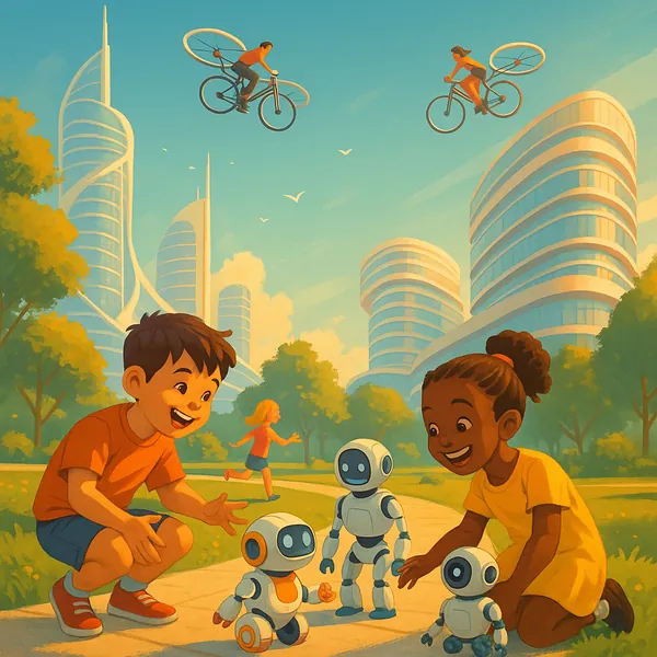 Enjoy an online jigsaw puzzle designed for browser play, featuring a cheerful, futuristic city scene where children and friendly robots enjoy a sunny park.