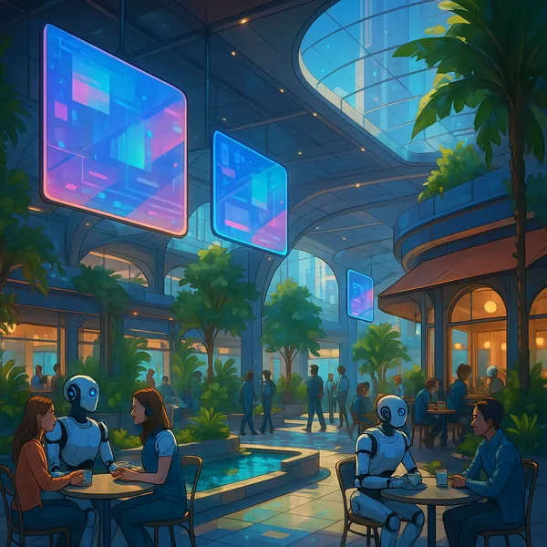 Enjoy an online jigsaw puzzle designed for browser play, featuring a futuristic indoor plaza where humans and friendly robots share peaceful moments amid lush g