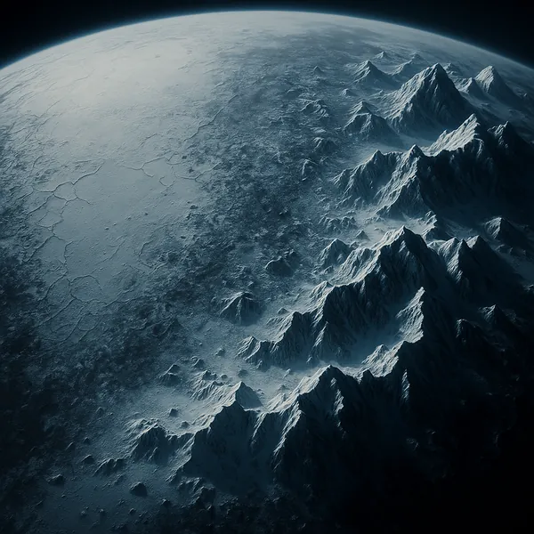 Discover a puzzle with a dramatic, otherworldly vista of icy mountains rising along a curved planetary horizon.