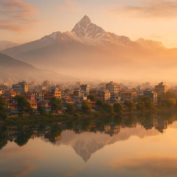 Discover a puzzle with a serene riverside town set beneath a towering, snow-capped peak at golden hour.