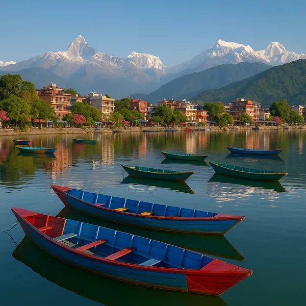 Discover a puzzle with colorful wooden boats drifting on a calm mountain lake beside a sunlit lakeside village.