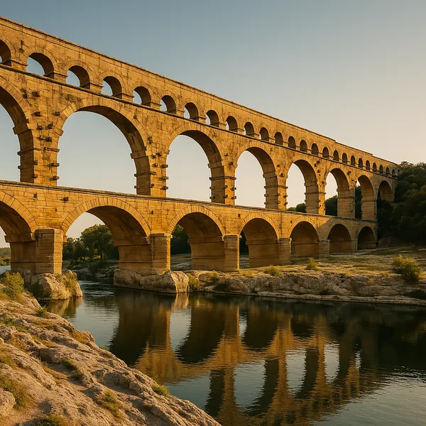 Discover a puzzle with a sunlit ancient stone aqueduct stretching across a calm river, its graceful repeating arches mirrored perfectly in the glassy water.