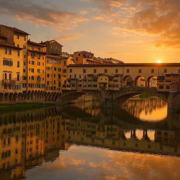 Discover a puzzle with a warm riverside scene showing a historic arched bridge lined with charming, golden-hued buildings reflected perfectly in calm water at s