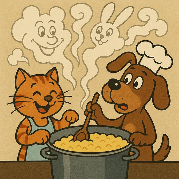 Discover a puzzle with an adorable cartoon cat and dog stirring a big pot together in a cozy kitchen scene.