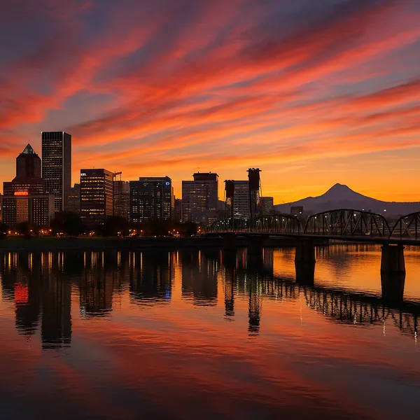 Discover a puzzle with a glowing city skyline at sunset, where tall buildings and a steel bridge stand in silhouette against sweeping bands of orange, pink, and
