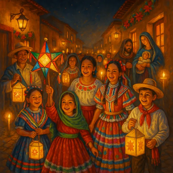 Discover a puzzle with a warm lantern-lit procession through a sleepy village street, full of smiling children in colorful traditional dresses holding glowing s