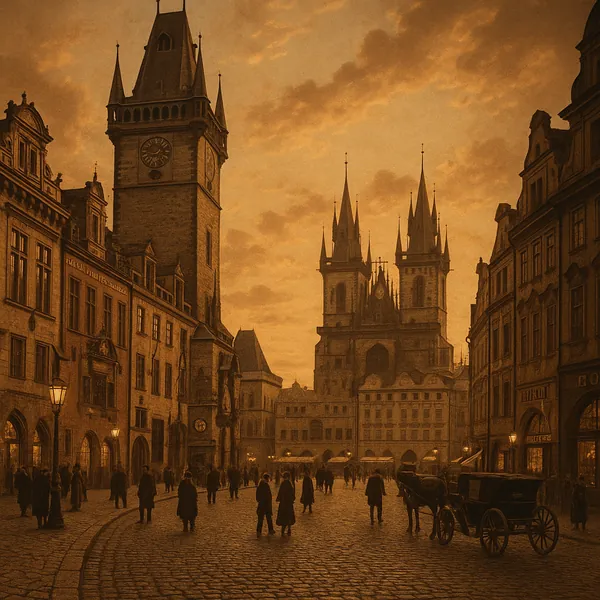 Discover a puzzle with a warm, sepia-toned scene of a historic city square, where a tall clock tower and twin-spired cathedral rise above rows of ornate buildin