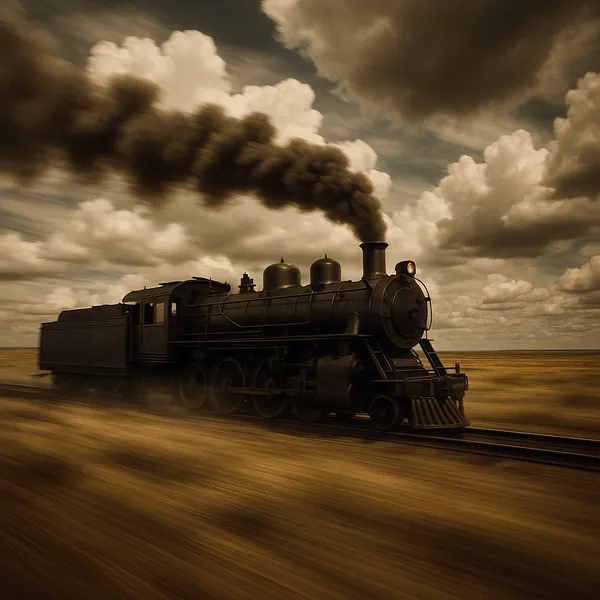 Discover a puzzle with a vintage steam locomotive racing across open plains under dramatic, cloud-filled skies — captured in warm sepia tones that evoke nostalg