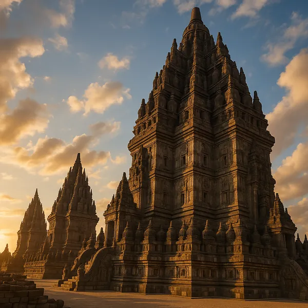 Discover a puzzle with towering ancient temple spires bathed in warm golden sunset light, showcasing intricate stone carvings and layered architectural details