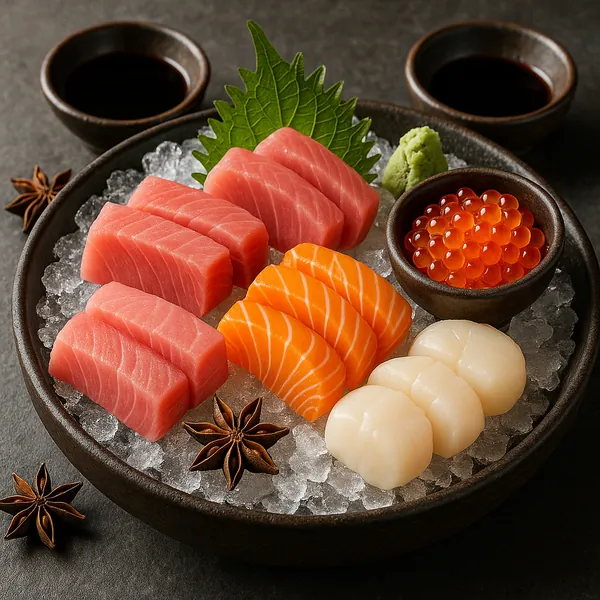 Try solving a puzzle that shows an elegant sashimi platter arranged on crushed ice — vibrant pink tuna, striped orange salmon, pearly scallops and glossy salmon
