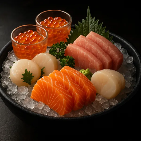 Discover a puzzle with a gorgeous sashimi platter showing silky salmon and tuna slices, plump scallops, and glossy ikura roe set on crushed ice with green shiso