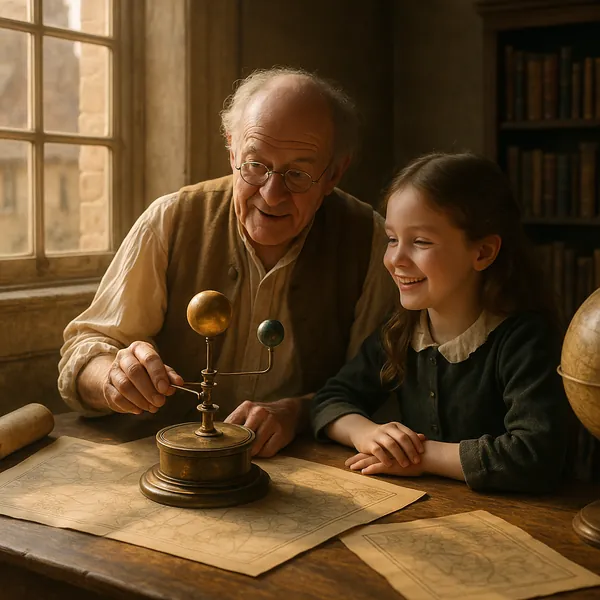 This online jigsaw puzzle features a cozy, nostalgic scene of learning and discovery set in a warmly lit study.
