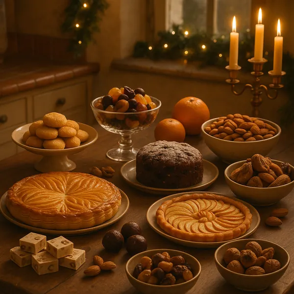 Discover a puzzle with a cozy holiday spread: a warm, golden-toned table laid out with fruit tarts, a glazed galette, a spiced cake dusted with sugar, cookies,