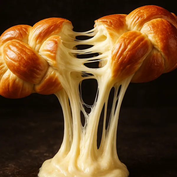 Discover a puzzle with a close-up of a golden braided bread being pulled apart to reveal long, gooey strands of melted cheese.