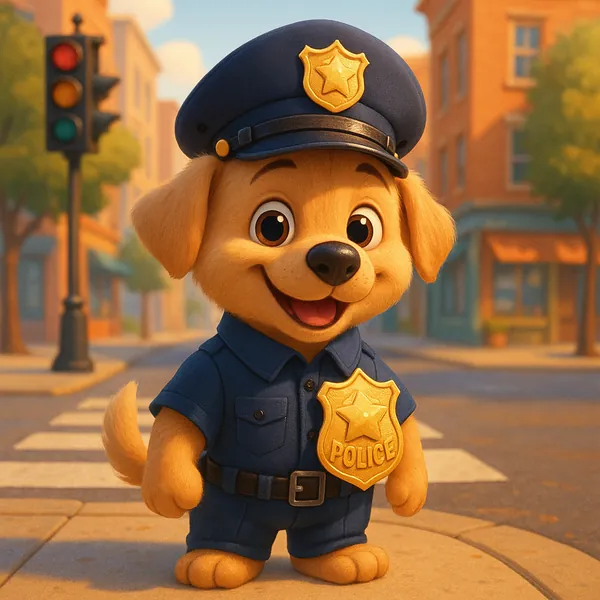 Discover a puzzle with an adorable cartoon puppy dressed as a friendly police officer standing on a sunny city corner.