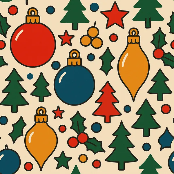 Enjoy an online jigsaw puzzle designed for browser play, featuring a cheerful holiday pattern of Christmas ornaments and evergreen trees.