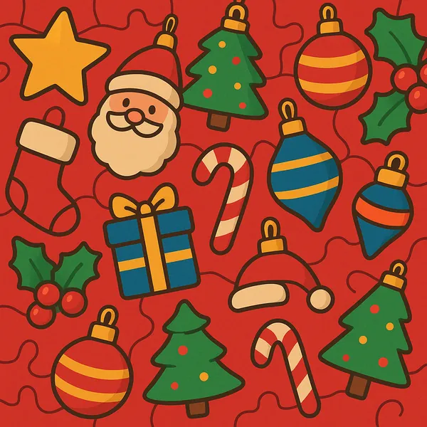 Play an online jigsaw puzzle in your browser that shows a cheerful Christmas pattern full of festive icons and holiday charm.