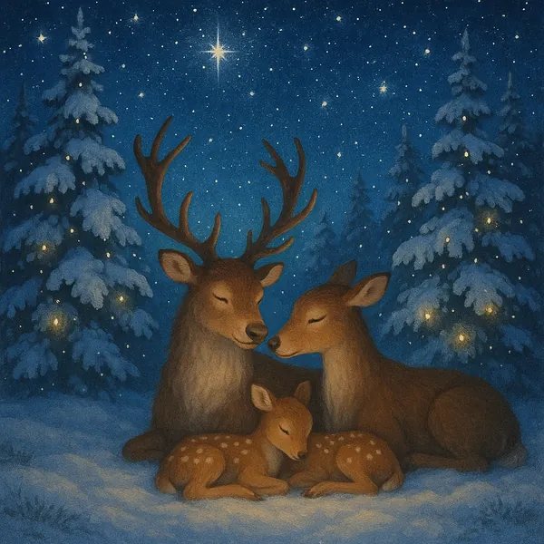Enjoy an online jigsaw puzzle designed for browser play, featuring a serene woodland scene of a deer family under a starry winter sky.
