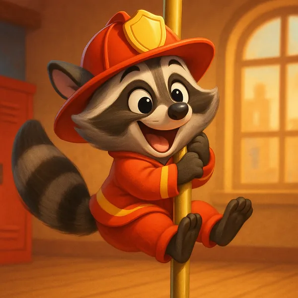 Enjoy assembling a puzzle depicting a cheerful cartoon raccoon dressed as a little firefighter, gripping a brass pole in bright red gear and a shiny helmet.