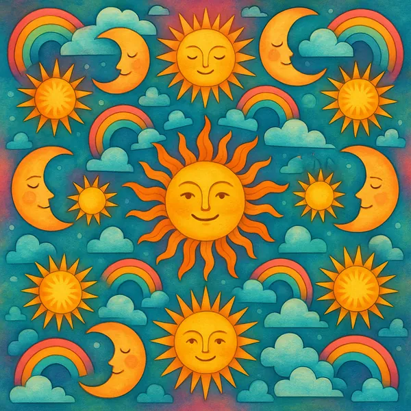 Enjoy an online jigsaw puzzle designed for browser play, featuring a whimsical celestial sky filled with suns, moons, rainbows and clouds.
