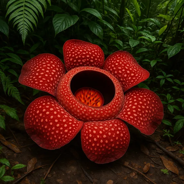 Discover a puzzle with a giant, exotic red flower set against a lush, shadowy rainforest floor for PuzzleFree.Game.