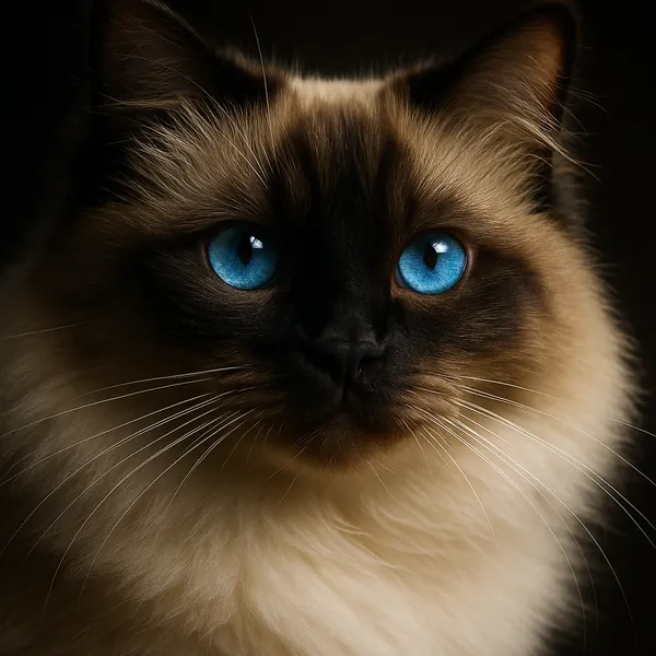 Discover a puzzle with an enchanting close-up of a long‑haired cat, its vivid sapphire-blue eyes set against a soft, cream-colored ruff and a deep, chocolatey f