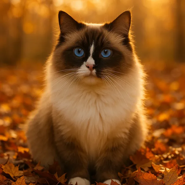 Discover a puzzle with a fluffy Ragdoll cat sitting amid golden autumn leaves, its striking blue eyes and soft cream-and-chocolate fur glowing in warm, late-aft