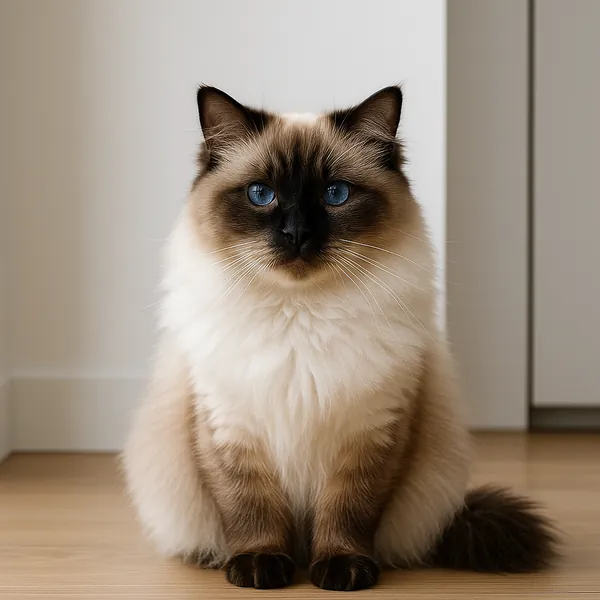 Discover a puzzle with an elegant Ragdoll cat sitting serenely indoors, its creamy fur and warm brown points contrasting beautifully with striking blue eyes.