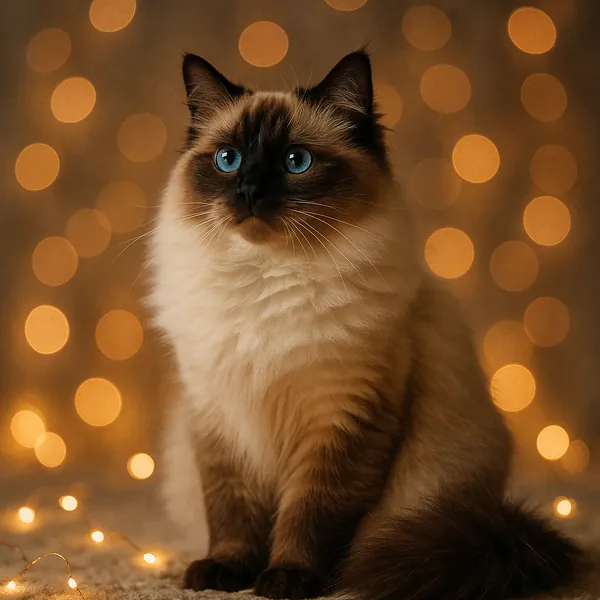 Discover a puzzle with a fluffy, blue‑eyed cat set against warm golden bokeh lights.