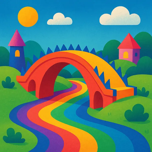 Try solving a puzzle that shows a whimsical, colorful scene: a vivid rainbow river winding under a bold orange-red arched bridge topped with playful blue spikes