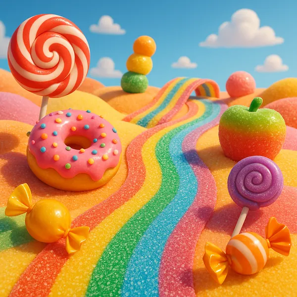 Enjoy an online jigsaw puzzle designed for browser play, featuring a whimsical candyland scene full of sweet treats and bright colors.