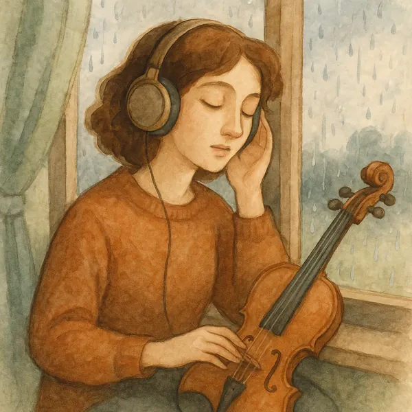 Enjoy an online jigsaw puzzle designed for browser play, featuring a cozy musical scene of a person listening with headphones and cradling a violin by a rainy w