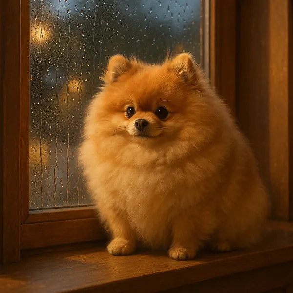 Discover a puzzle with an adorable fluffy Pomeranian sitting on a wooden windowsill, backlit by warm amber light and soft reflections on rain-speckled glass.