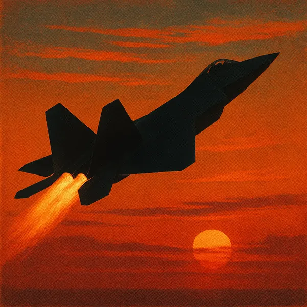 Discover a puzzle with a sleek fighter jet silhouetted against a fiery orange-red sunset, its afterburners blazing as it climbs toward a glowing sun low on the