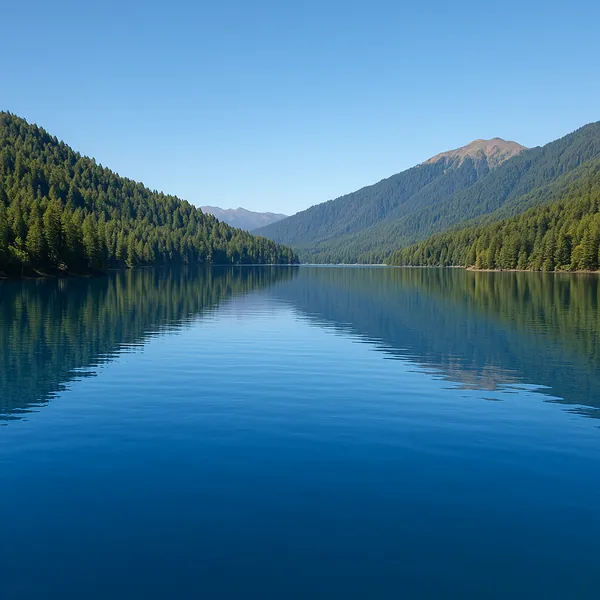 Discover a puzzle with a tranquil mountain lake framed by forested slopes and distant peaks.