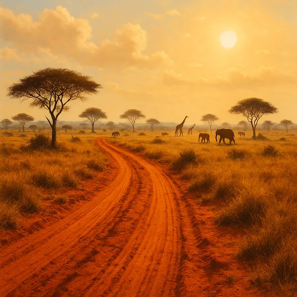 Discover a puzzle with a golden African savanna at sunset, where a winding red dirt track leads through tall amber grasses dotted with iconic acacia trees and s
