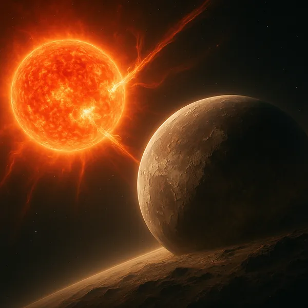 Discover a puzzle with a dramatic cosmic scene showing a glowing orange-red star flaring beside a rugged, shadowed planet.