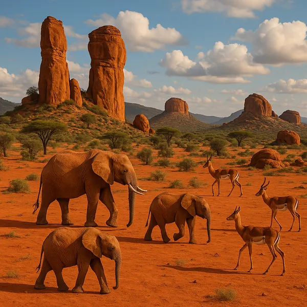 Discover a puzzle with a warm African savanna scene where a family of elephants and graceful antelopes wander across rust-red earth beneath towering sandstone m