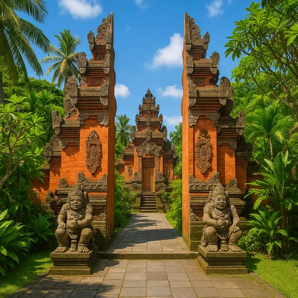 Discover a puzzle with a sunlit Balinese temple gateway framed by lush tropical greenery and towering palm trees.