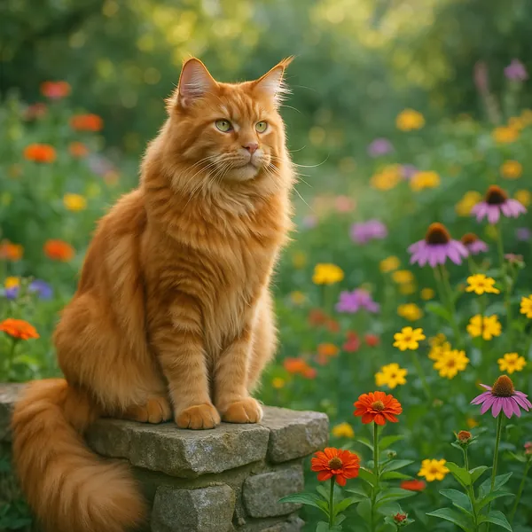 Discover a puzzle with a majestic ginger cat sitting on a sunlit stone amid a colorful wildflower garden.