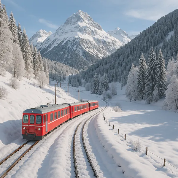 Discover a puzzle with a bright red train winding through a pristine alpine winter scene.
