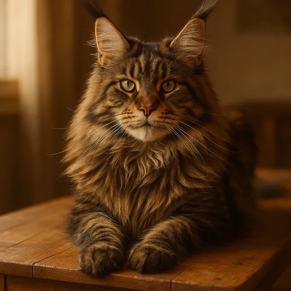 Discover a puzzle with a majestic long-haired tabby cat lounging on a warm wooden surface, its amber eyes and soft, flowing fur rendered in rich browns and gold