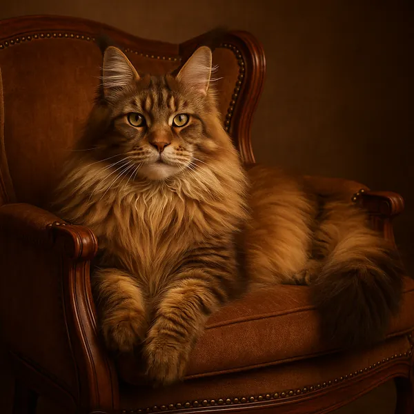Discover a puzzle with a regal, fluffy ginger cat lounging on a vintage upholstered armchair in warm, golden-brown tones.