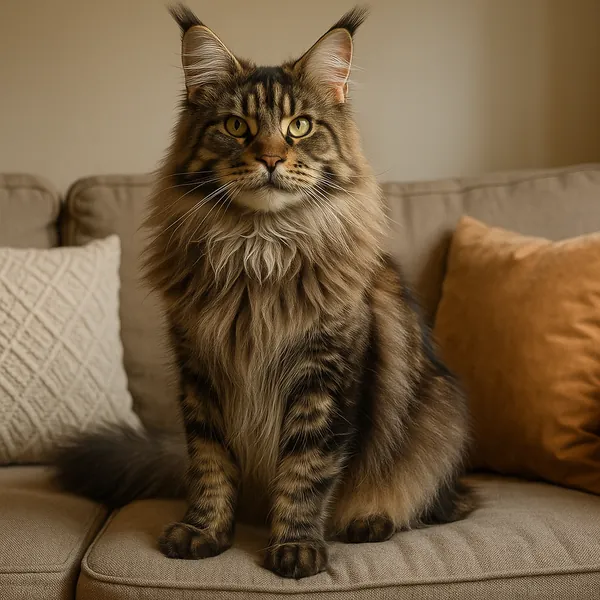 Enjoy assembling a puzzle depicting a majestic long-haired tabby cat perched on a cozy sofa.
